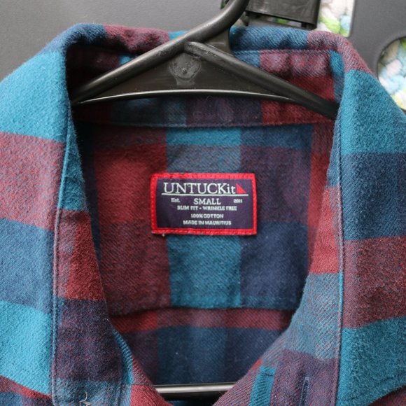 Untuckit Alezio Flannel Mens Slim Small Blue Red Plaid Long Sleeve Button Up - Picture 5 of 9